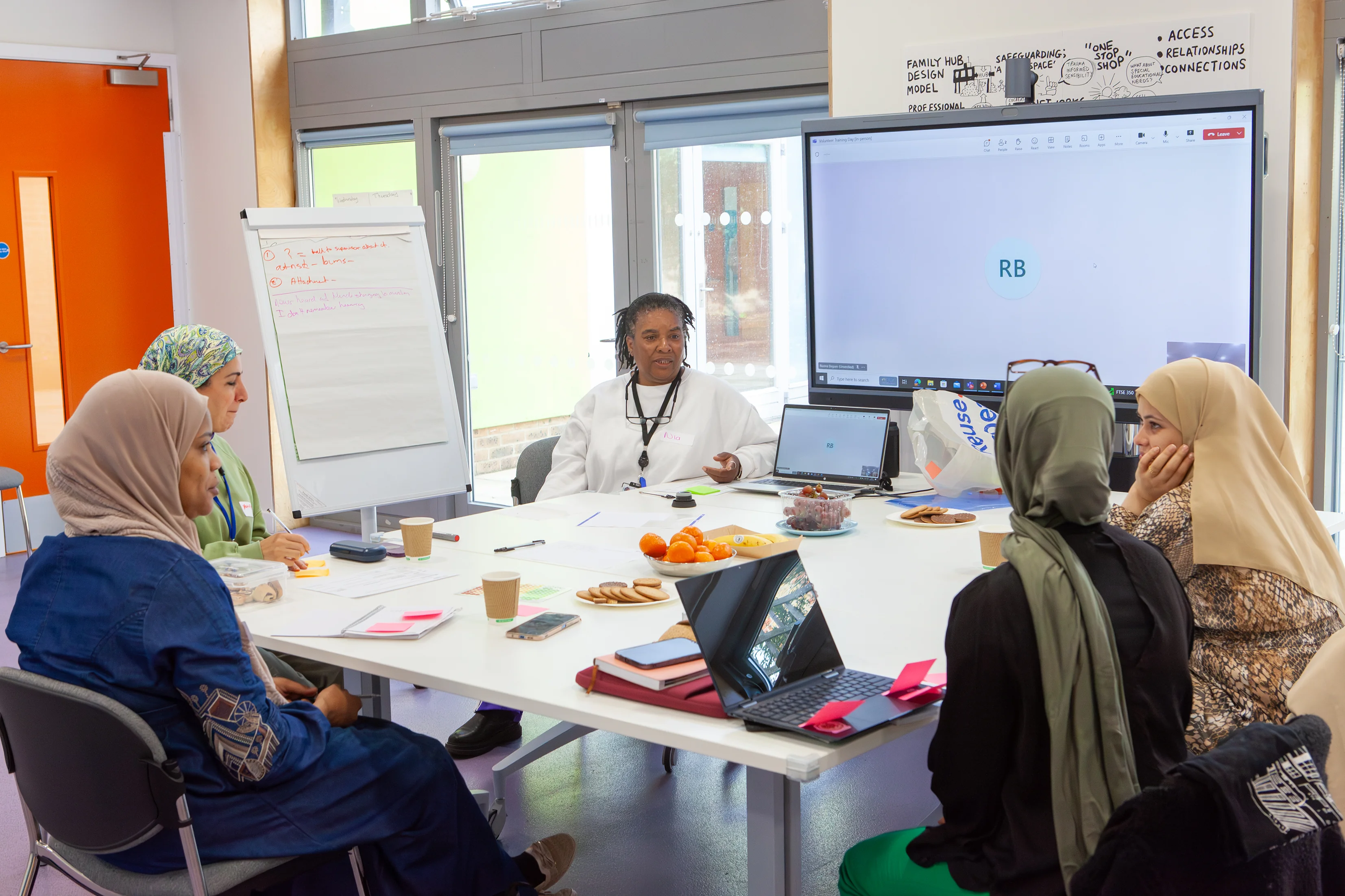 Four women taking part in a session at Kilburn Grange Family Hub listening to a facilitator.